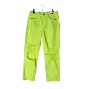 L'Agence Jeans Women's Size 25 Neon Yellow Distressed Enya Crop Stovepipe